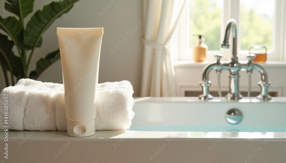 Poster bath products on soft towels in a calm bathroom setting