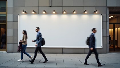 Fototapeta premium Diverse professionals walking past a blank billboard in the city 