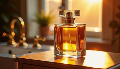 Stylish perfume bottle reflecting sunlight in a cozy interior  