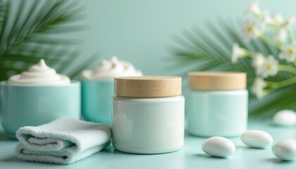 Spa products in calming colors and tranquil setting  