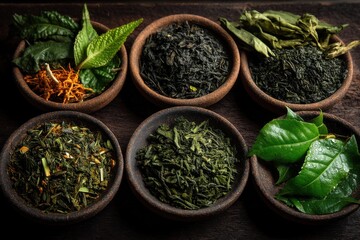 A beautiful assortment of different types of loose leaf tea in rustic bowls, displaying a variety of colors, textures, and flavors on a dark wooden surface.