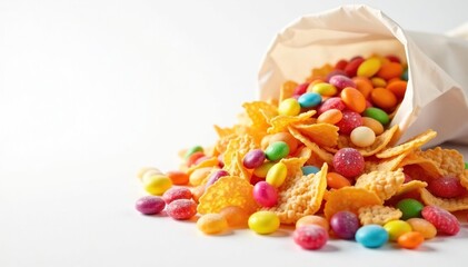 Pile of colorful candy, chips, and soda on white , flat lay, unhealthy eating, sugar