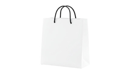 A single white paper shopping bag with black handles isolated against a black studio background shot straight on selling, purchasing, agreement, $