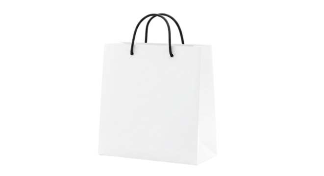A single white paper shopping bag with black handles isolated against a black studio background shot straight on selling, purchasing, agreement, $