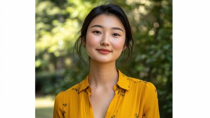A young Asian woman smiling gently against a natural green background.