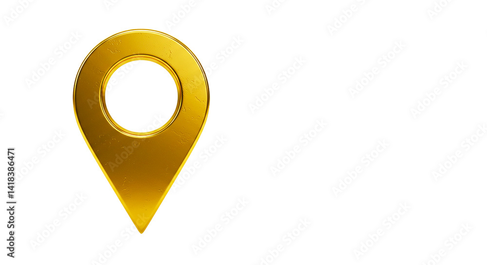 Poster a shiny golden location pin with a circular hole on a black background indicating a specific place s