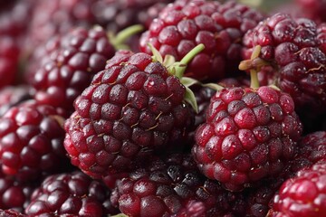 A close-up studio shot of fresh ripe black raspberries, highlighting their juicy texture, vibrant color, and intricate surface details, piled in a appetizing heap.