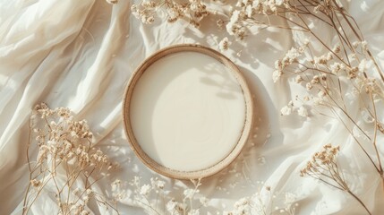 Beige circle frame with dried flowers on fabric background