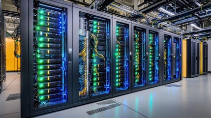 Server racks illuminate data center interior