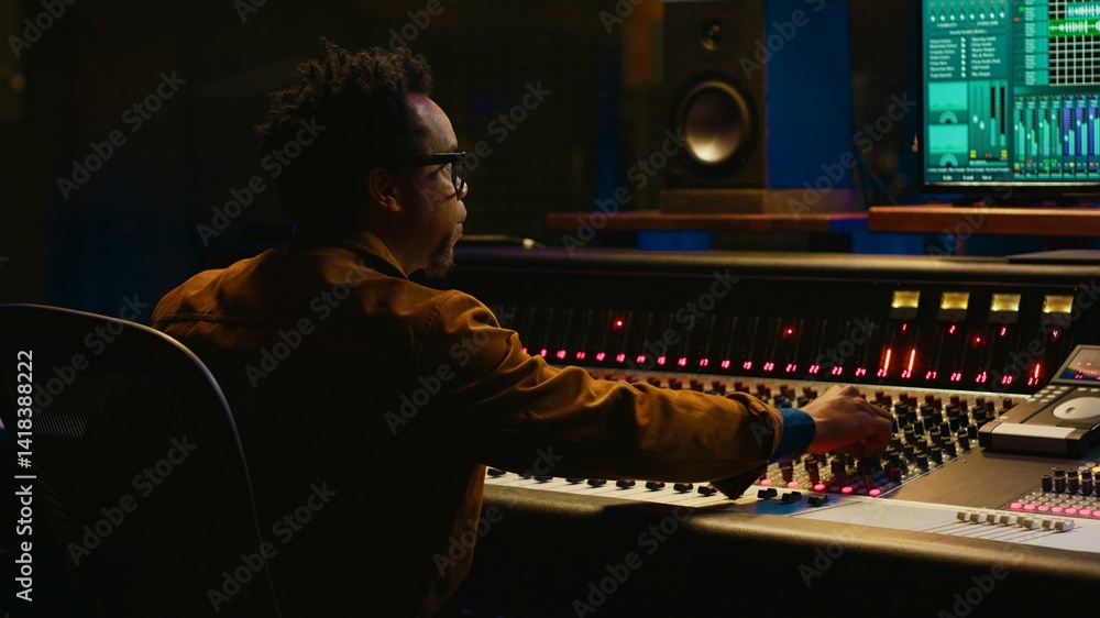 Aufkleber Music producer operating mixing console in control room and working with audio recording software on pc, post production. Sound engineer editing tracks to produce new songs. Camera A.