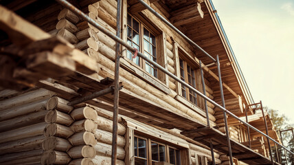 Obraz premium The log cabin under construction is surrounded by scaffolding, with stacks of wood suggesting the cabin's exterior is being built or repaired.