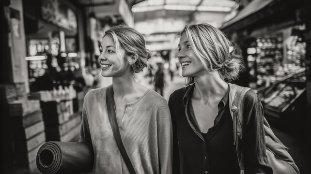 Two women share a cheerful moment in a lively market setting, holding a yoga mat, suggesting a day of wellness and connection. - Powered by Adobe
