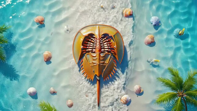 Horseshoe crab resting in shallow turquoise ocean waters surrounded by white sand and seashells with palm trees on the edge
