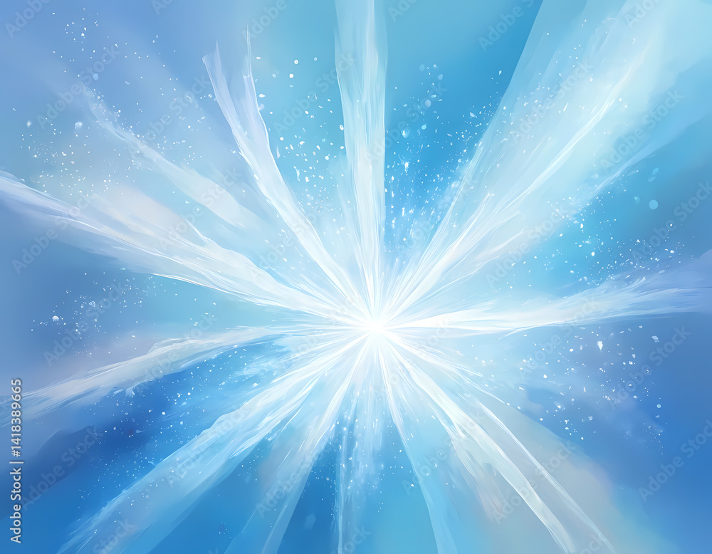 Poster A breathtaking spectacle unfolds as luminous rays pierce through a serene blue canvas, creating a magical winter atmosphere filled with twinkling sparkles Generative AI