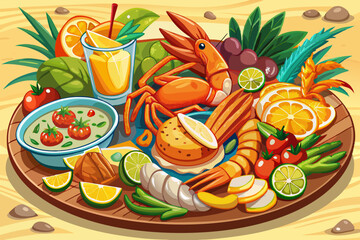 vector of A delectable tropical seafood platter with baked crab, grilled fish fillet and fried shrimp, served with roasted tropical vegetables and lime.