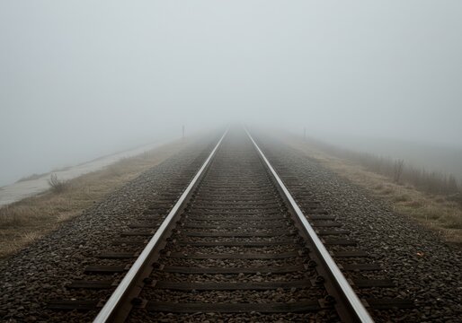 Railway tracks disappearing into a dense, ethereal fog, evoking a sense of mystery and anticipation.