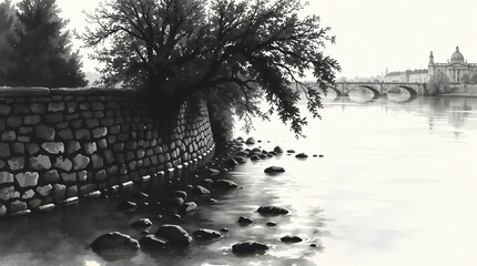 Black and white riverside scene with stone embankment, bridge, and city architecture