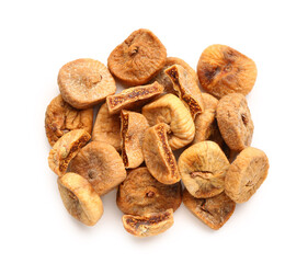 Many dried figs on white background