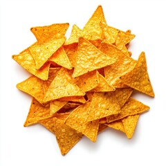 A pile of triangle shaped corn tortilla chips isolated on white background