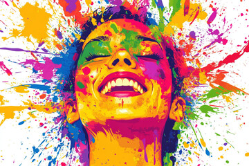 Colorful illustration of happy woman head in paint splatter style