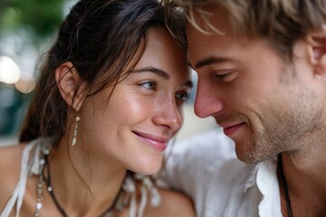 Fototapeta premium A serene image of a couple sharing a joyful moment, reflecting their love and connection, embodied in the warmth of their smiles and closeness.