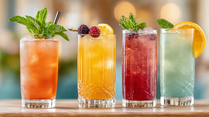 Colorful Cocktails Displayed In Tall Glasses Garnished With Mint Berries And Orange Slices Against Blurred Background