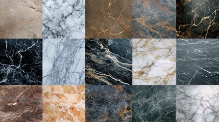 A collage of fifteen marble textures with various patterns and colors.