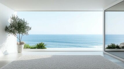 Minimalist white interior with a view of the sea through a large window.