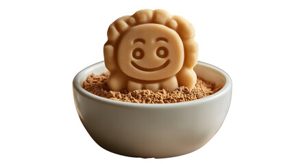A cheerful lionshaped cookie nestled in a bowl of cocoa powder perfect for culinary and bakin