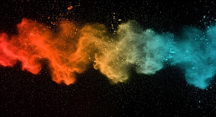 A dynamic abstract composition featuring a burst of vibrant powder particles on a black background