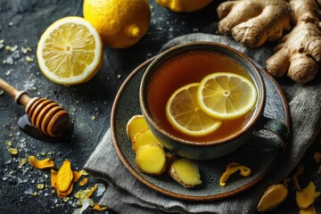 A healthy ginger and lemon tea composition, perfect for boosting immunity and fighting off a cold, served on a dark background with honey stick, and whole lemons.