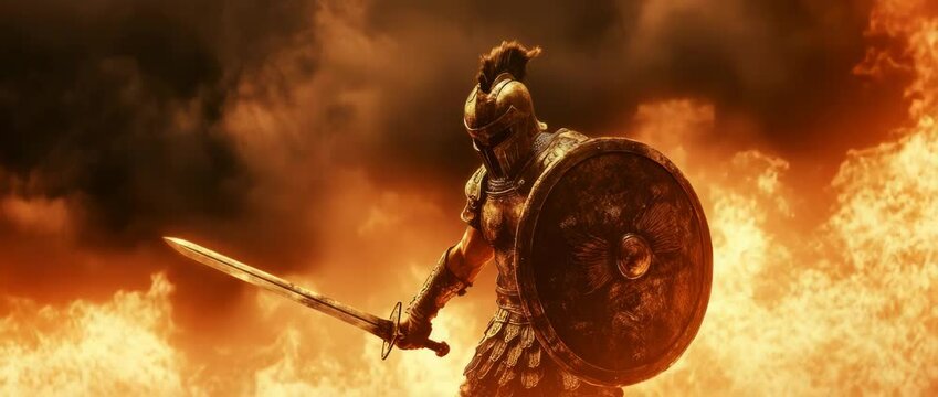 Fighting gladiator with sword and shield on a fiery background