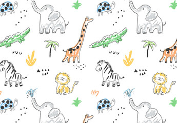 Seamless Pattern With Cute African Animals Layout