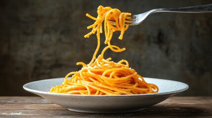 Close-up photo of spaghetti with tomato sauce on a plate with a fork.
