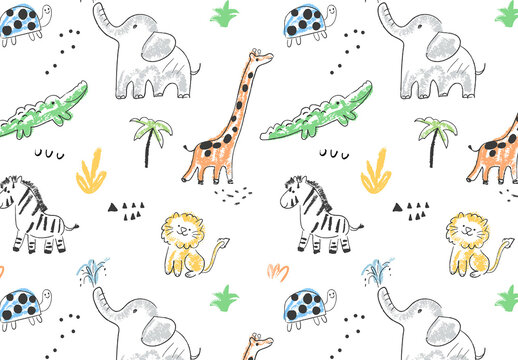 Seamless Pattern With Cute African Animals Layout