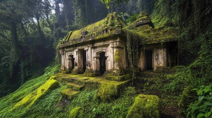 Ancient moss-covered temple ruins in a lush, overgrown jungle landscape.