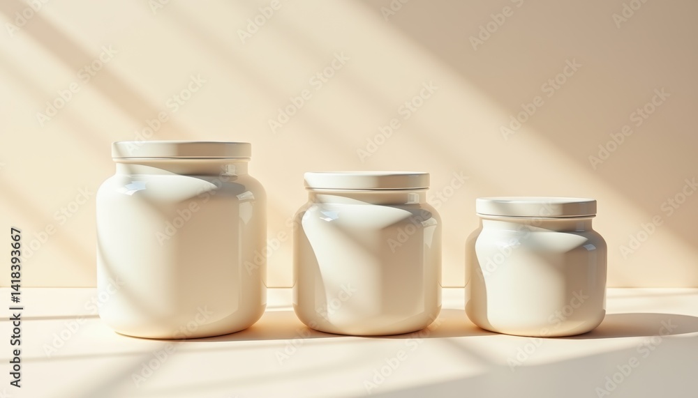 Poster White jars arranged in a line against a soft light background  
