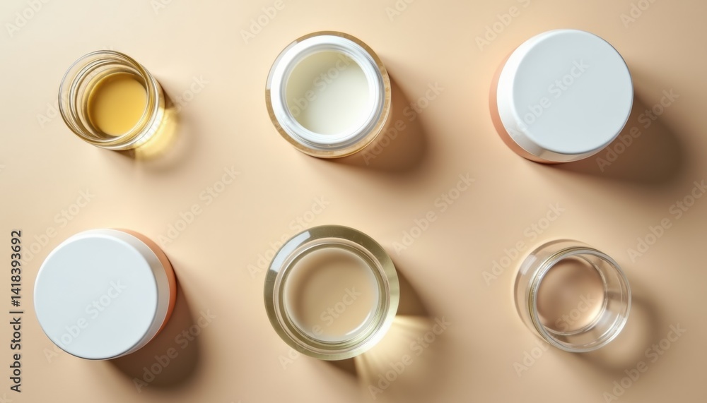 Poster various glass jars with lids arranged on a beige background