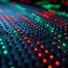 Fototapeta premium Abstract display of a grid of illuminated buttons, showing a mix of red and green lights indicating possible status indicators.