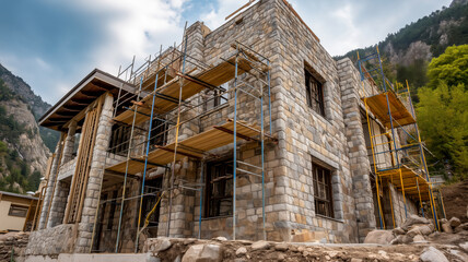 Stone building under construction with scaffolding and mountain backdrop. A work in progress in a serene natural setting.