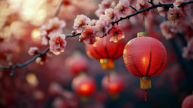 Happy Chinese New Year, year of the horse zodiac sign hanging beautiful lantern and flowers on red background