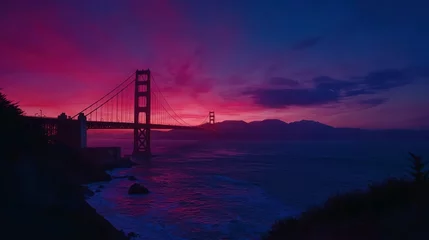 Fototapete Rund Golden Gate Bridge at twilight, pink and purple sky over the dark ocean. © Akstem