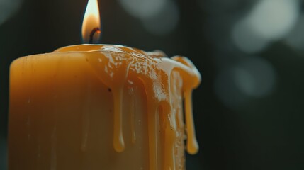 Close up of a burning candle with wax melting creating a warm ambiance.