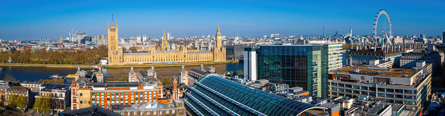 Fototapeta premium Panoramic London view with Big Ben, London Eye, and River Thames—perfect for travel, tourism, and cityscape marketing