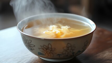 A bowl of hot soup with steam rising, ready to eat. Delicious and nutritious.