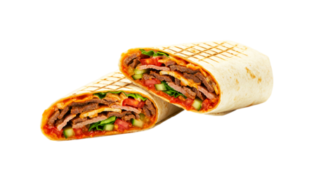 A close up of a sliced shawarma wrap filled with meat and vegetables on a black background view