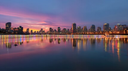 Obraz premium City skyline at dusk, reflecting on the water with colorful light art. Night lights paint the sky with vibrant colors, a perfect cityscape.