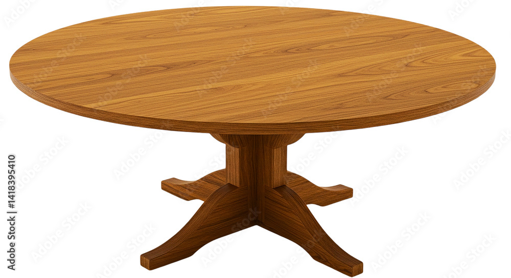 Poster a round wooden table with a pedestal base is centered on a black background in a studio setting