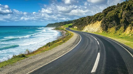 Winding coastal road along a picturesque ocean landscape, sunny, and beautiful.
