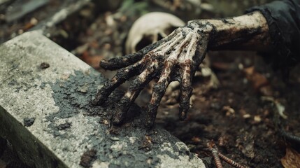 Fototapeta premium A decaying, muddy zombie hand reaches out from a grave.